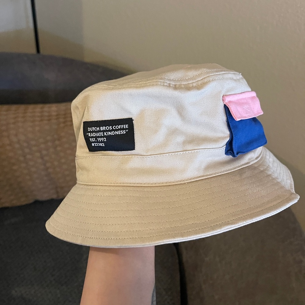 Dutch Bros Beige Bucket Hat with Pink and Blue Accents